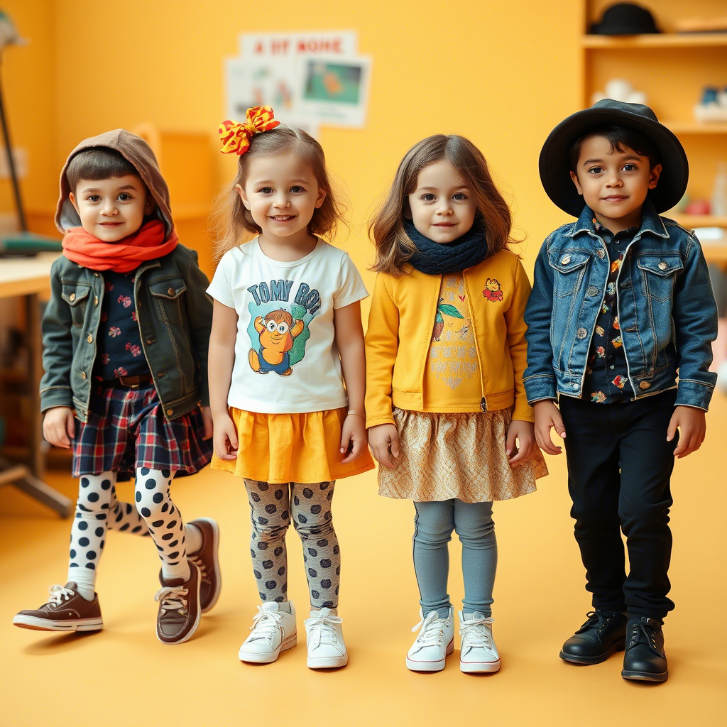 Cute kids wearing trendy outfits in a playful setting