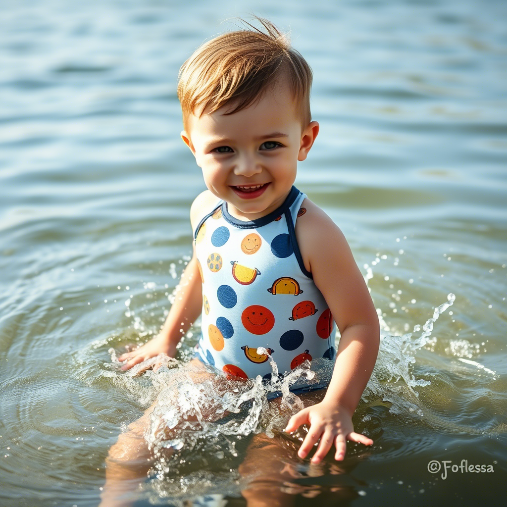 Cute little boy in fun printed swimsuit, splashing in the water