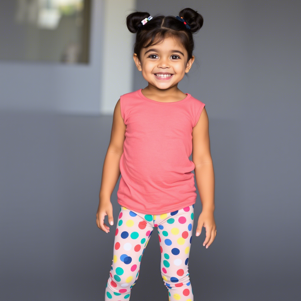 Cute little girl in colorful leggings and smiling at camera