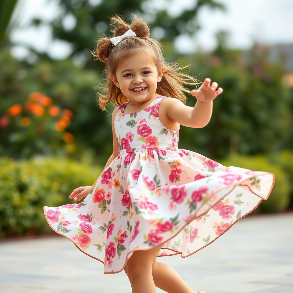 Cute little girl twirling in a flowy floral dress with big smile