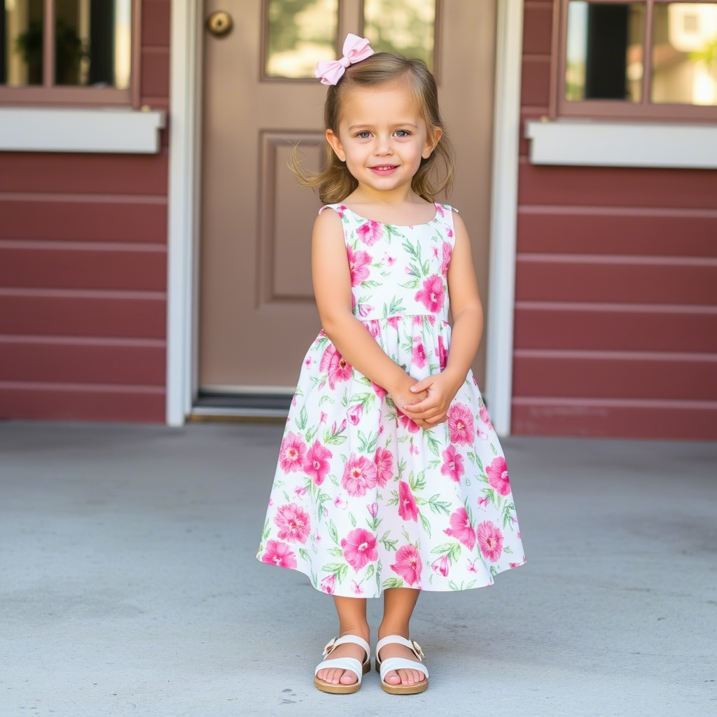 Cute little girl wearing adorable floral dress and sandals