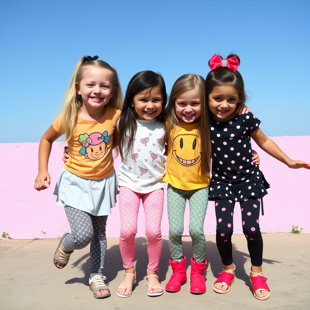 Cute little girls dressed in trendy leggings and tops, having fun together