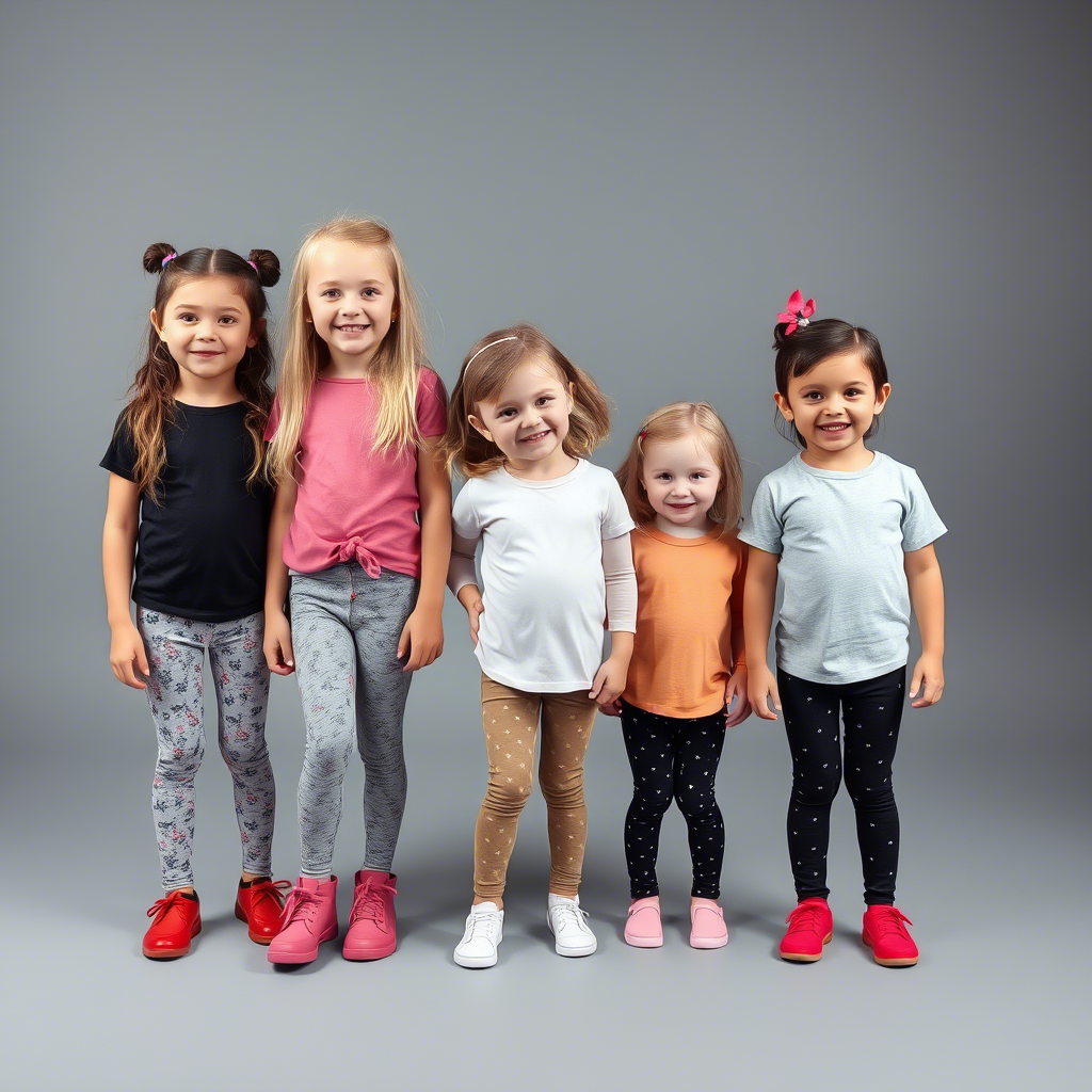 Cute little girls modeling various kids’ leggings and pants in a studio