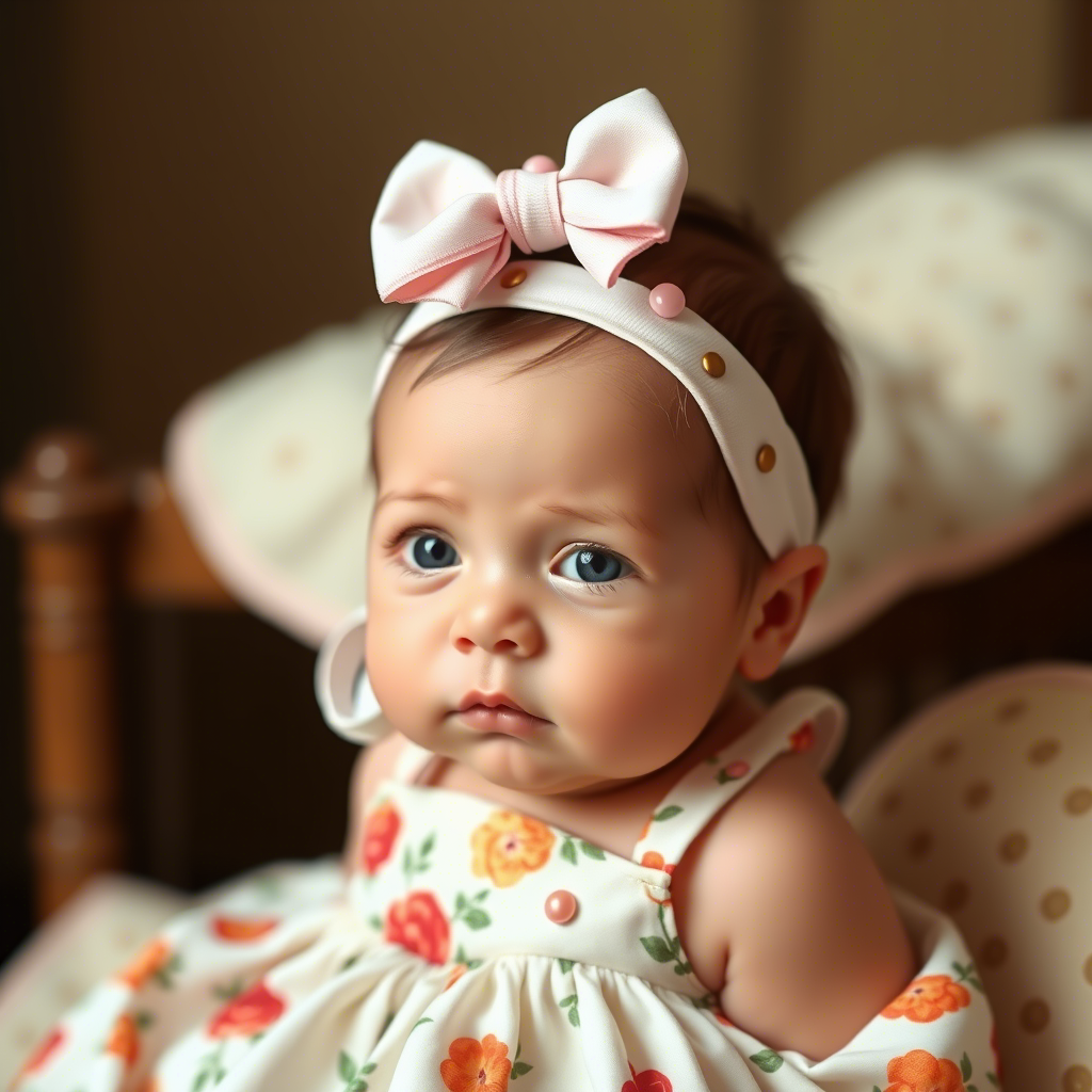 Cute newborn baby girl in a floral dress with a bow in her hair