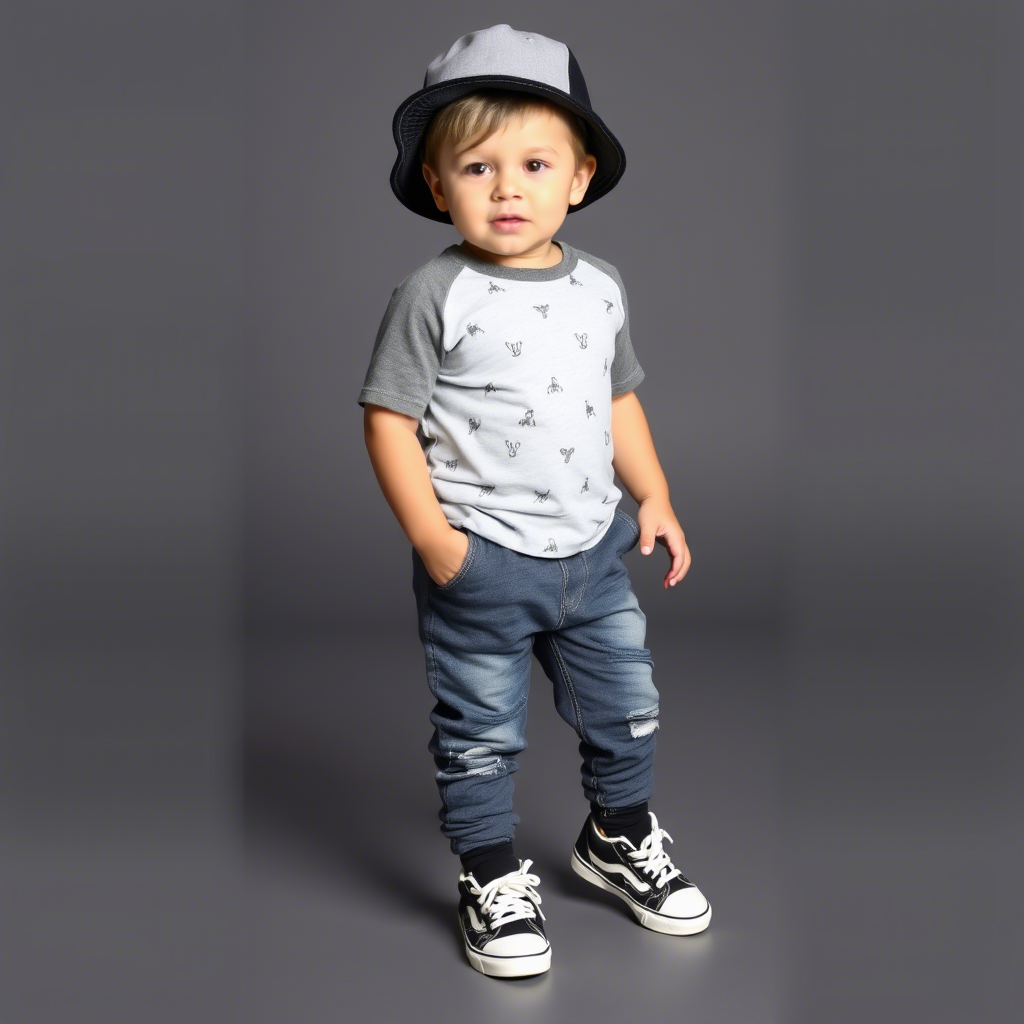 Cute toddler boy in a casual outfit with sneakers and a hat