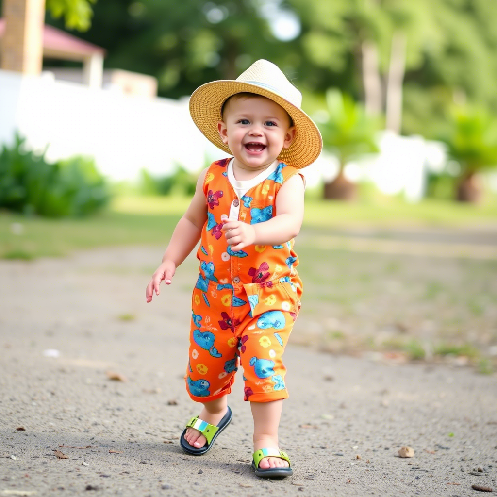Cute toddler boy in colorful summer outfit playing outside