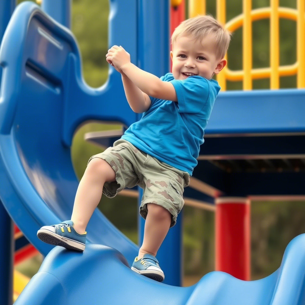 Cute toddler boy in durable shorts climbing on playground equipment