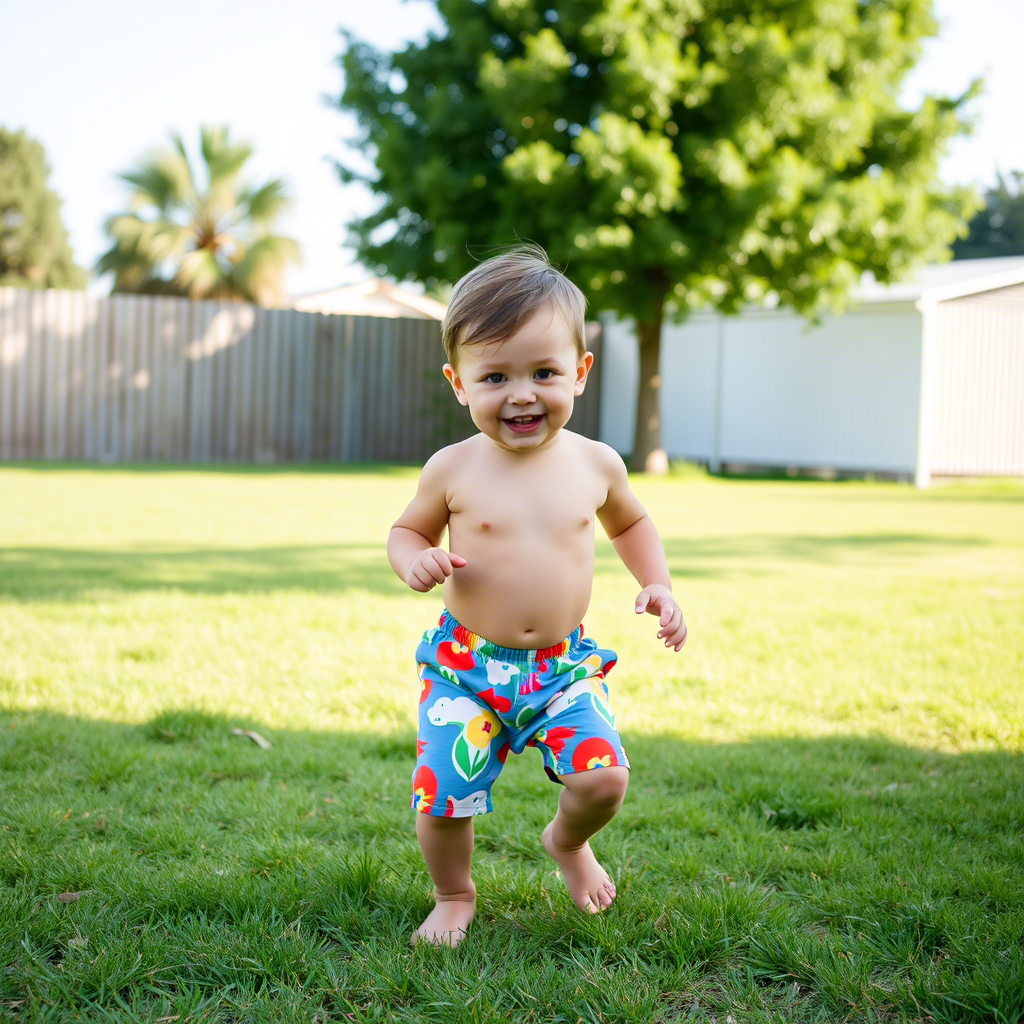 Cute toddler boy wearing colorful shorts and playing outside