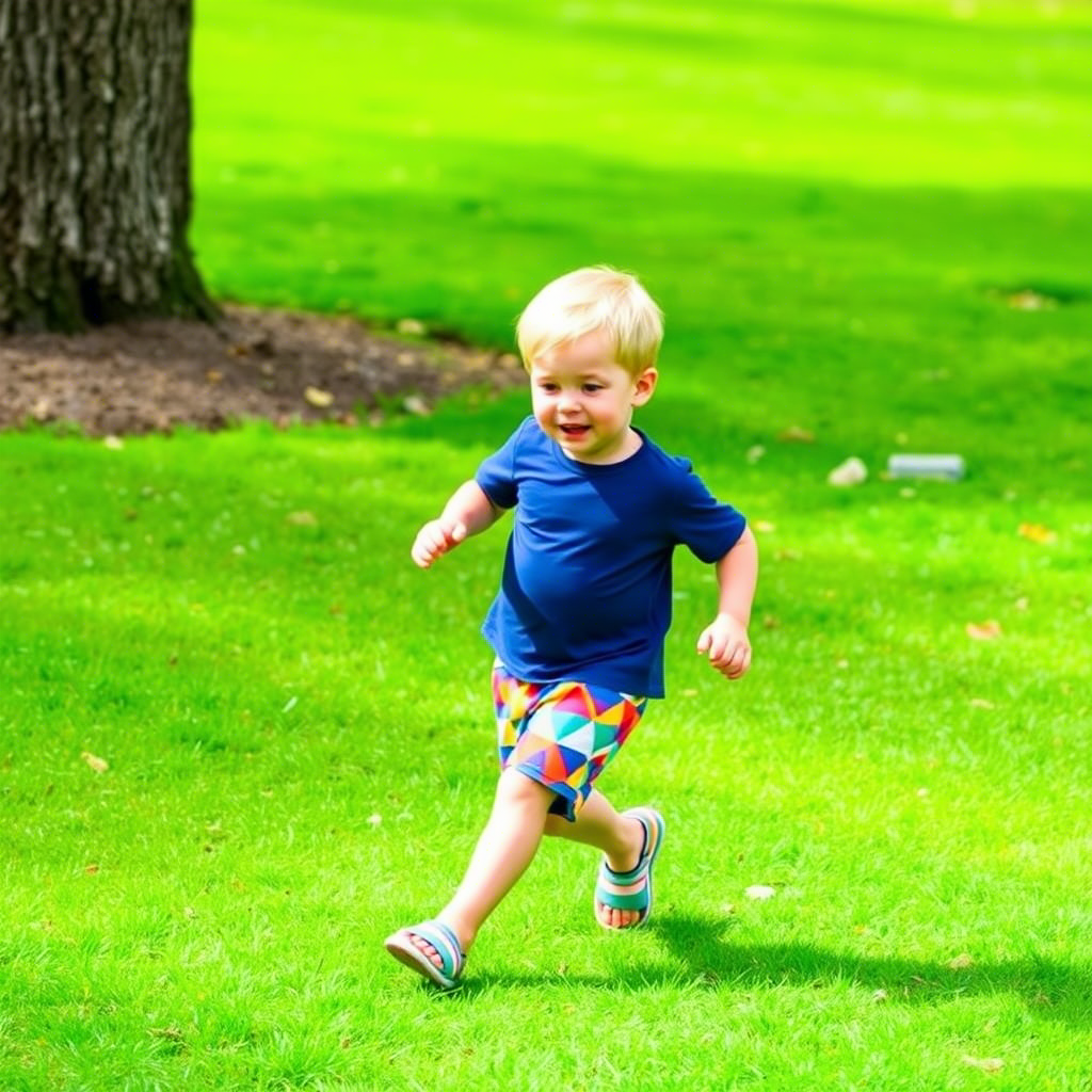 Cute toddler boy wearing colorful shorts and running on grass