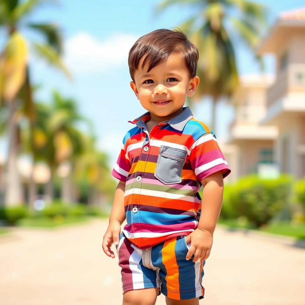 Cute toddler boy wearing colorful striped shirt and shorts