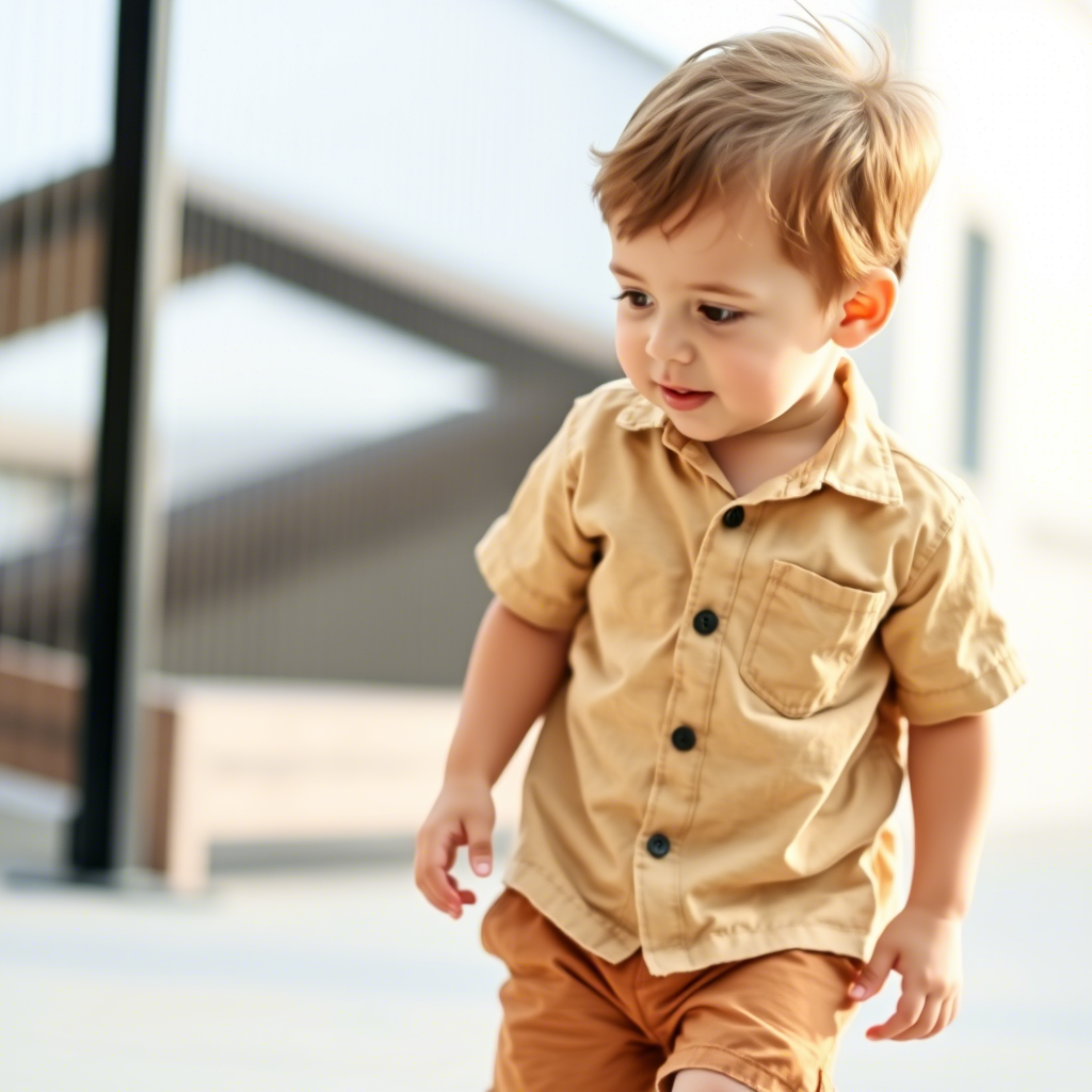 Cute toddler boy wearing soft cotton shirt and shorts playing outside
