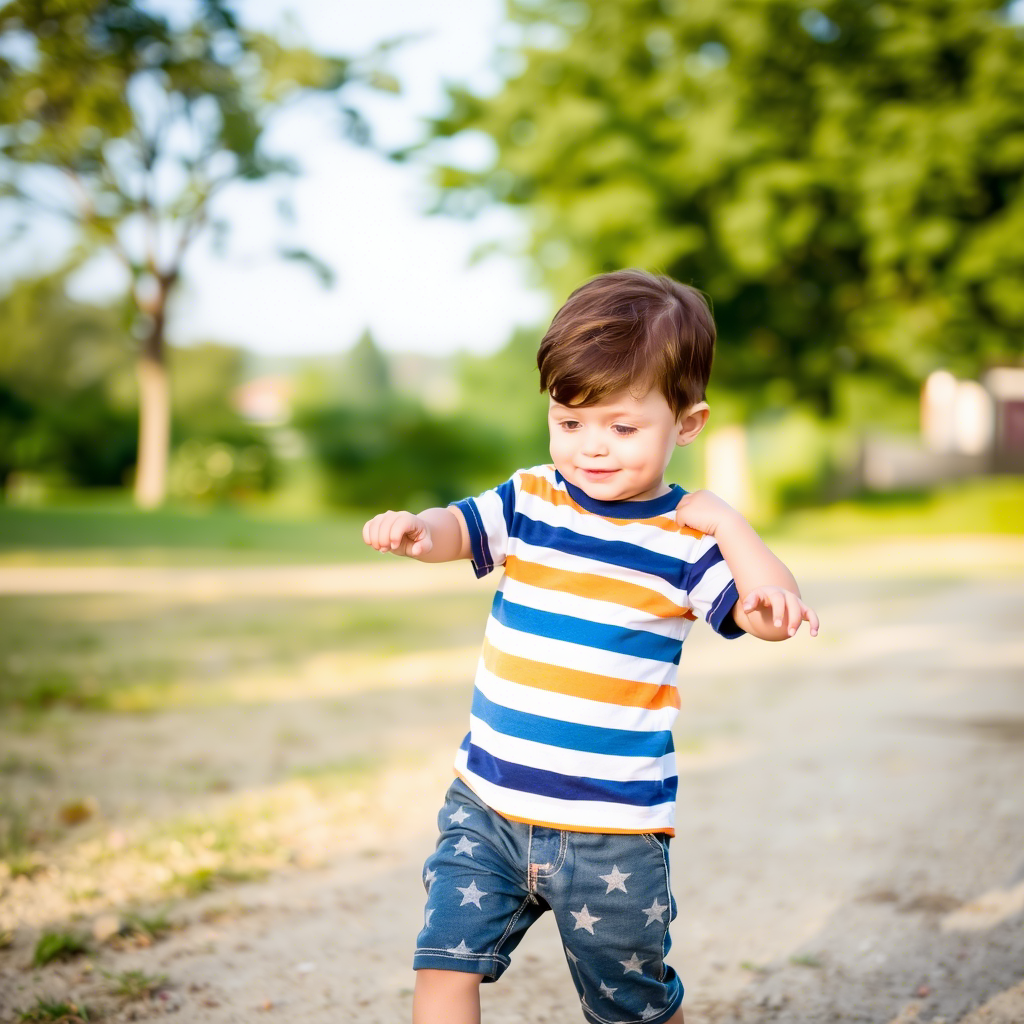 Cute toddler boy wearing striped shirt and shorts playing outdoors