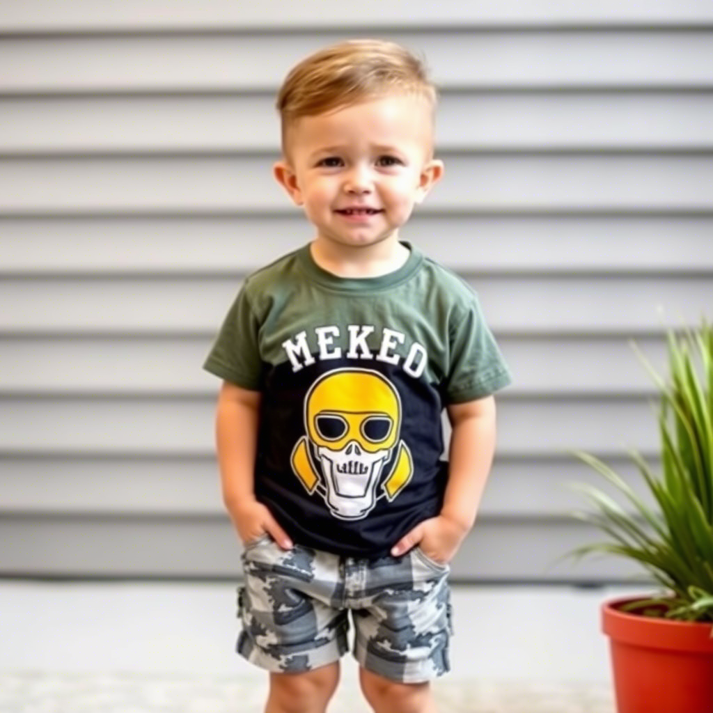 Cute toddler boy wearing stylish graphic tee and shorts