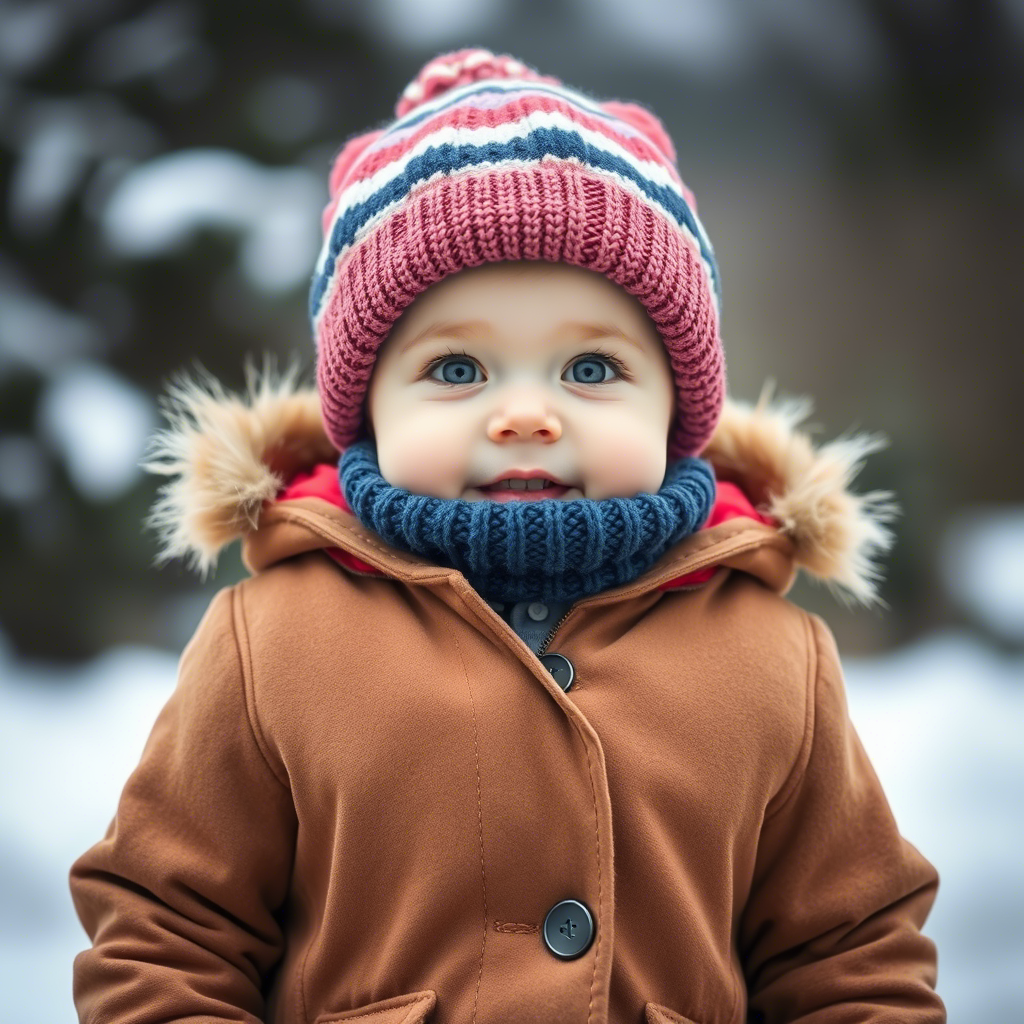 Cute toddler bundled up in a warm coat and hat outside