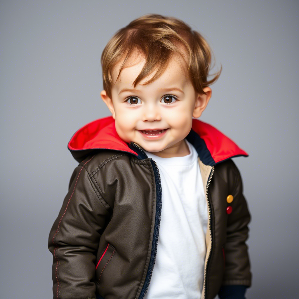 Cute toddler dressed in a miniature bomber jacket smiling