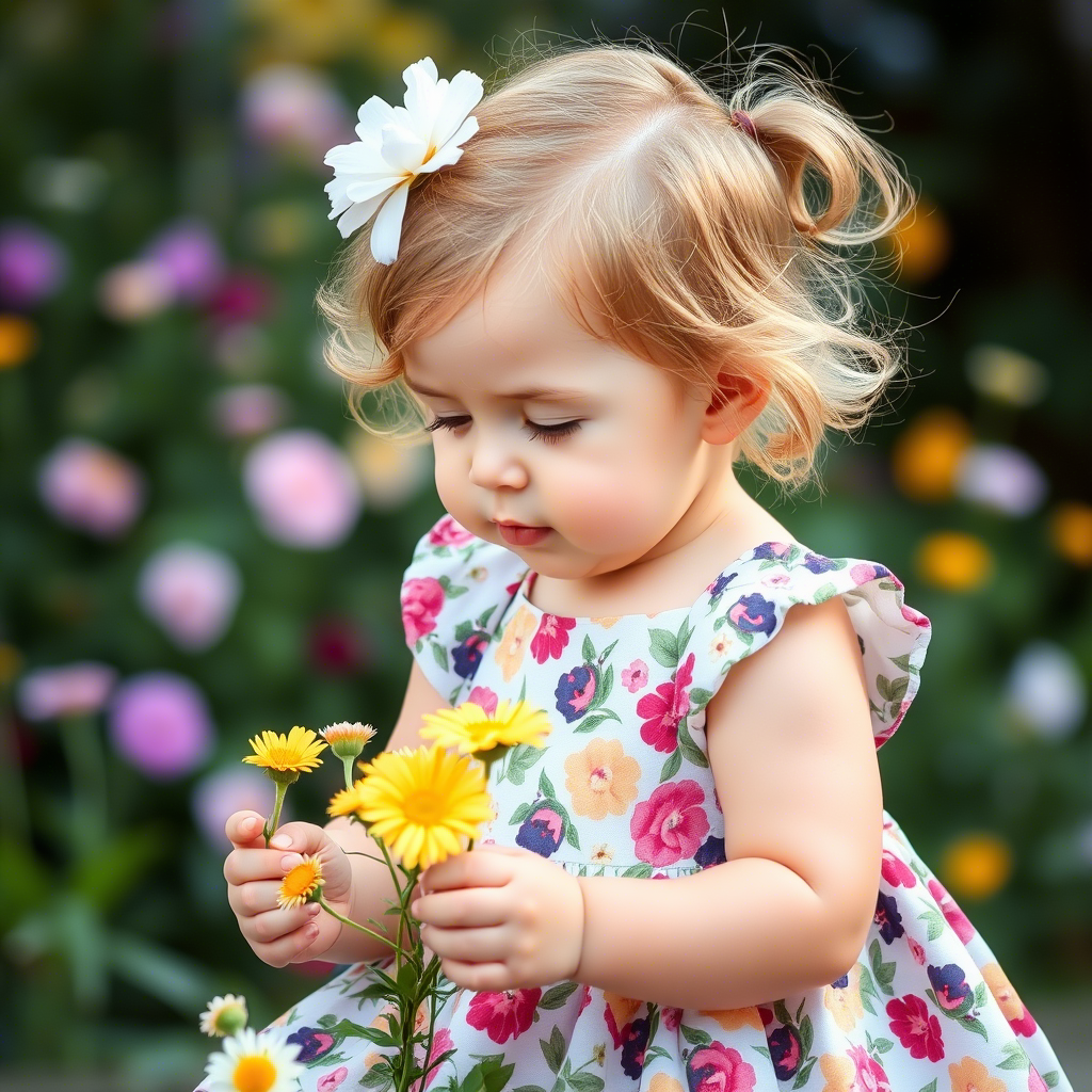 Cute toddler girl in a floral dress playing with flowers