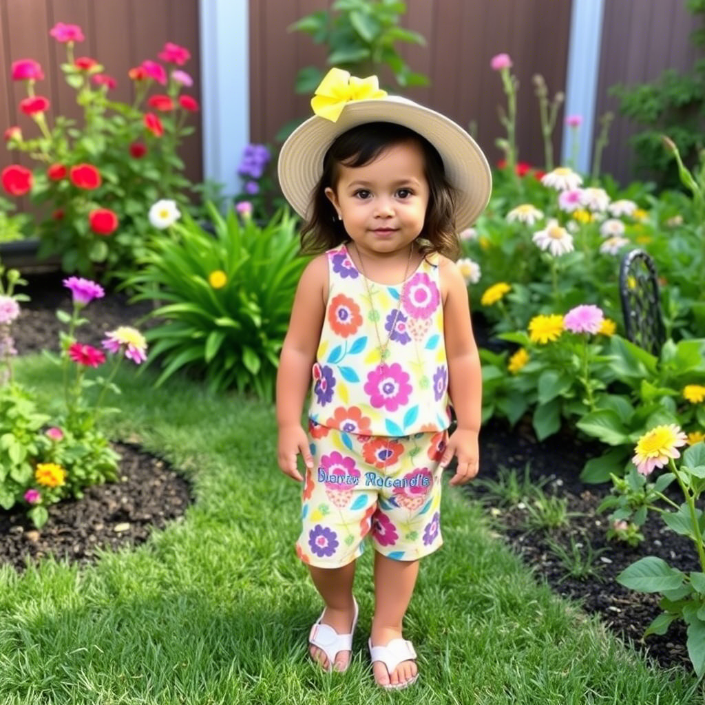 Cute toddler girl in colorful summer clothing standing in a garden