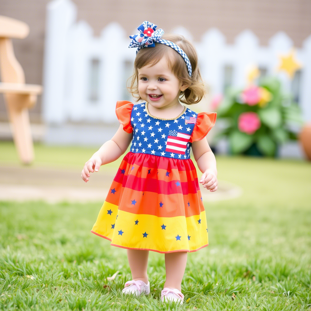 Cute toddler girl in colorful USA-manufactured dress playing