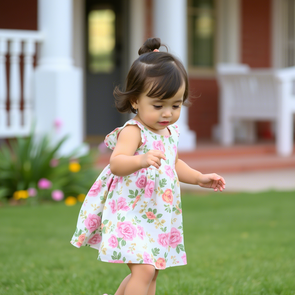 Cute toddler girl in floral dress and sandals playing outside