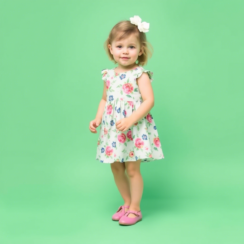 Cute toddler girl in Mary Jane shoes and a floral dress