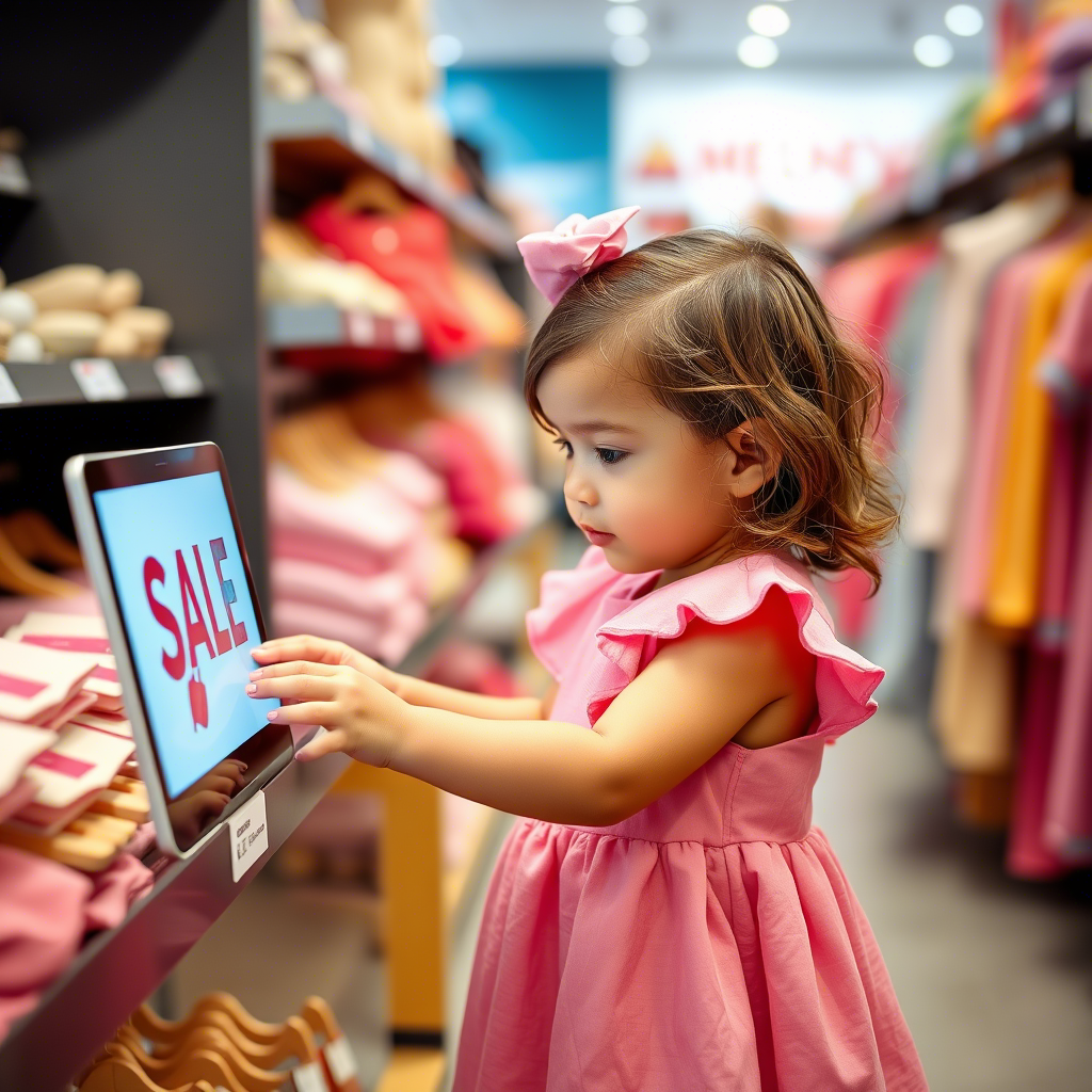 Cute toddler girl in pink dress browsing online sale