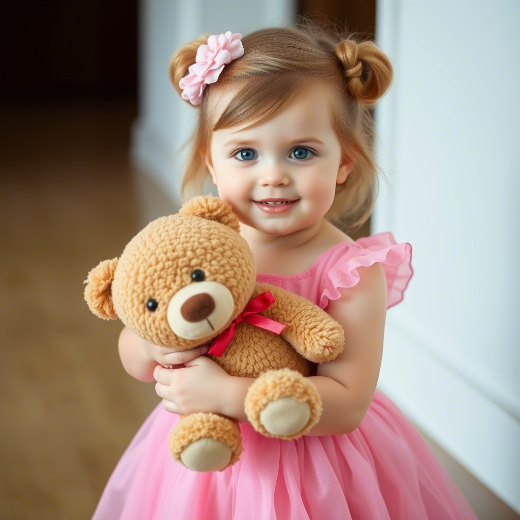 Cute toddler girl in pink dress holding a teddy bear