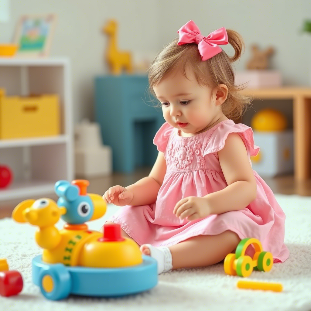 Cute toddler girl in pink dress playing with toys