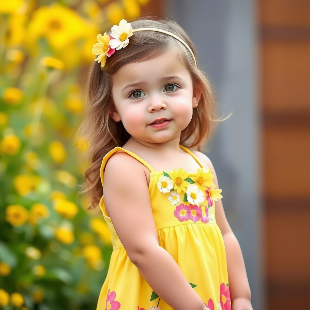 Cute toddler girl in yellow sundress with flowers