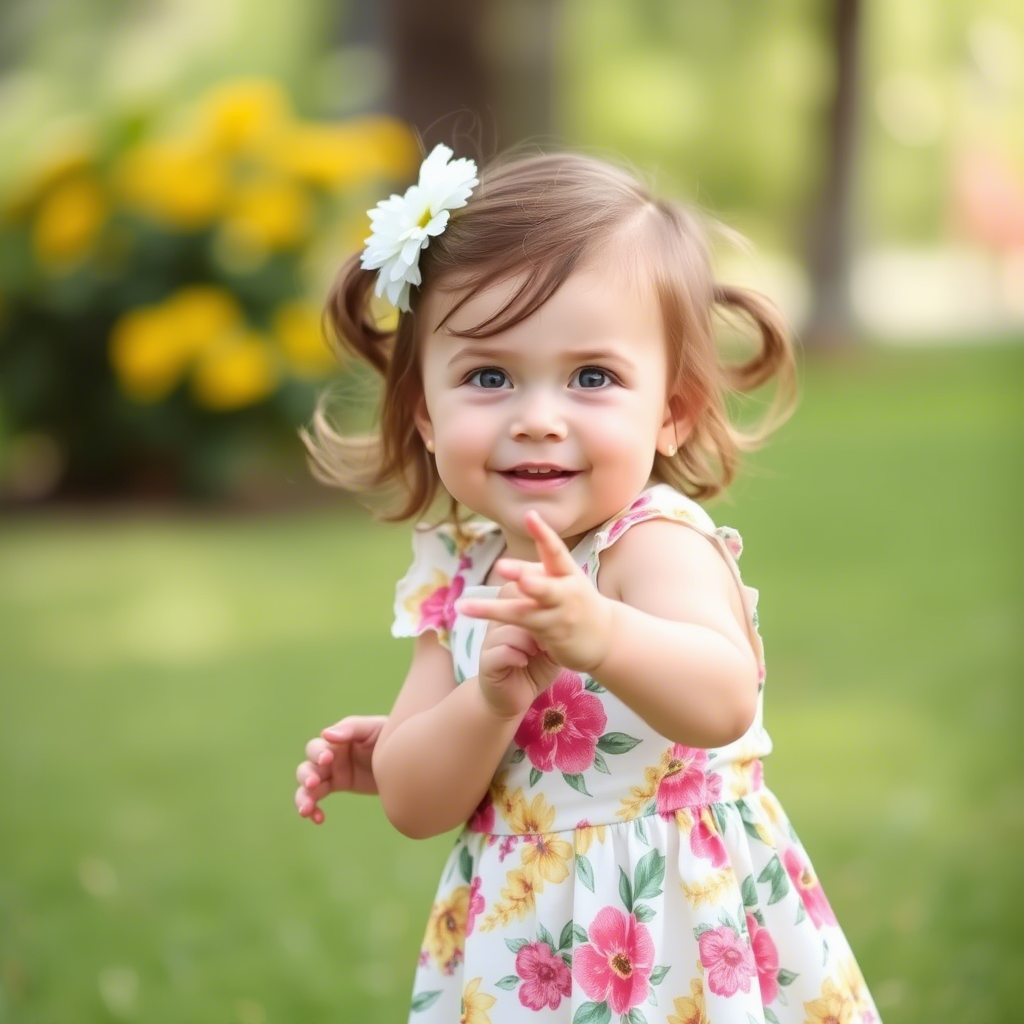 Cute toddler girl wearing a floral dress and playing outside