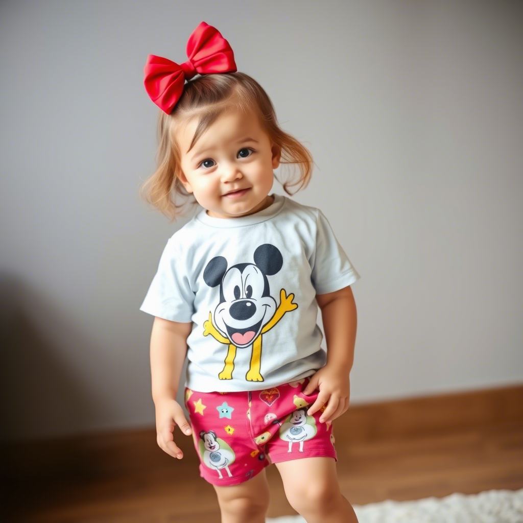 Cute toddler girl wearing colorful cartoon character t-shirt and shorts