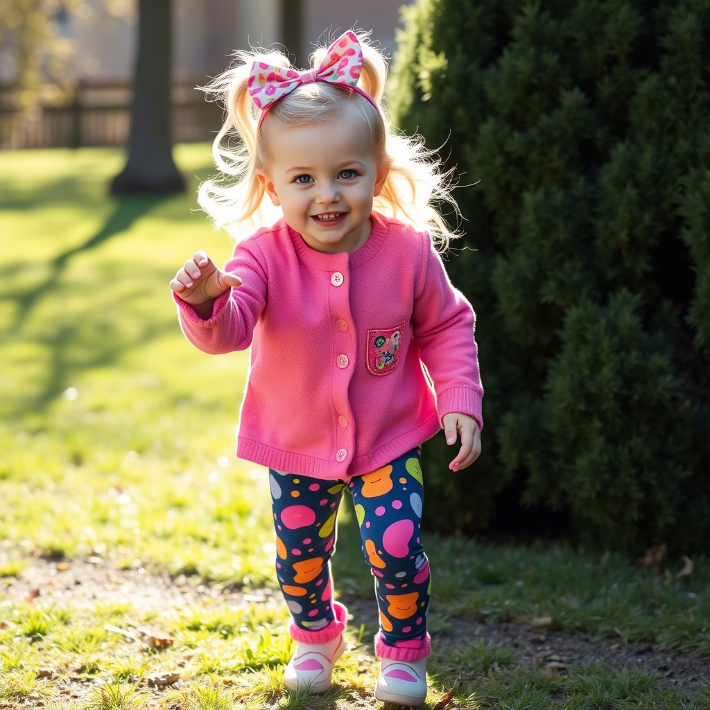 Cute toddler girl wearing colorful leggings and playing outside