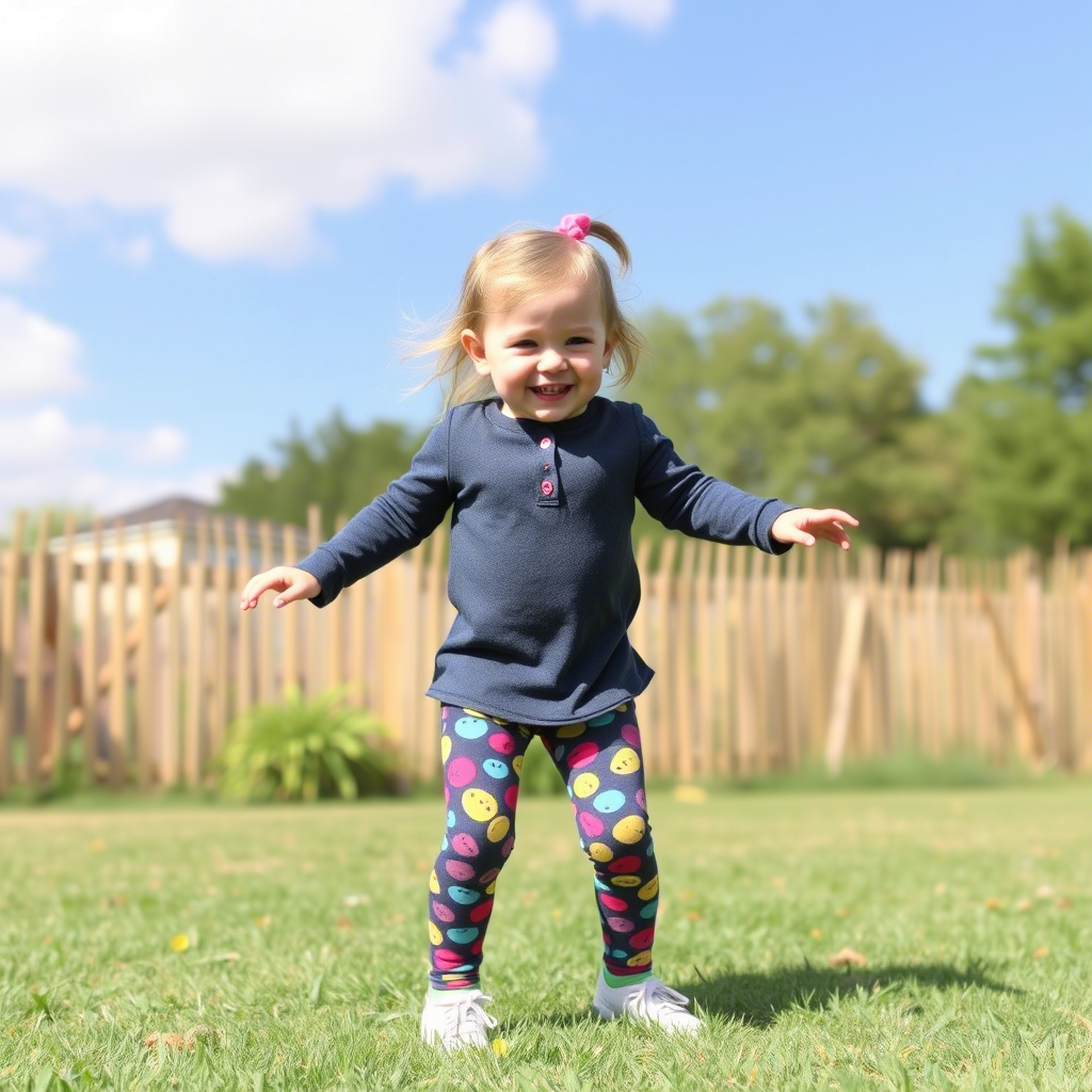 Cute toddler girl wearing colorful leggings and playing outside