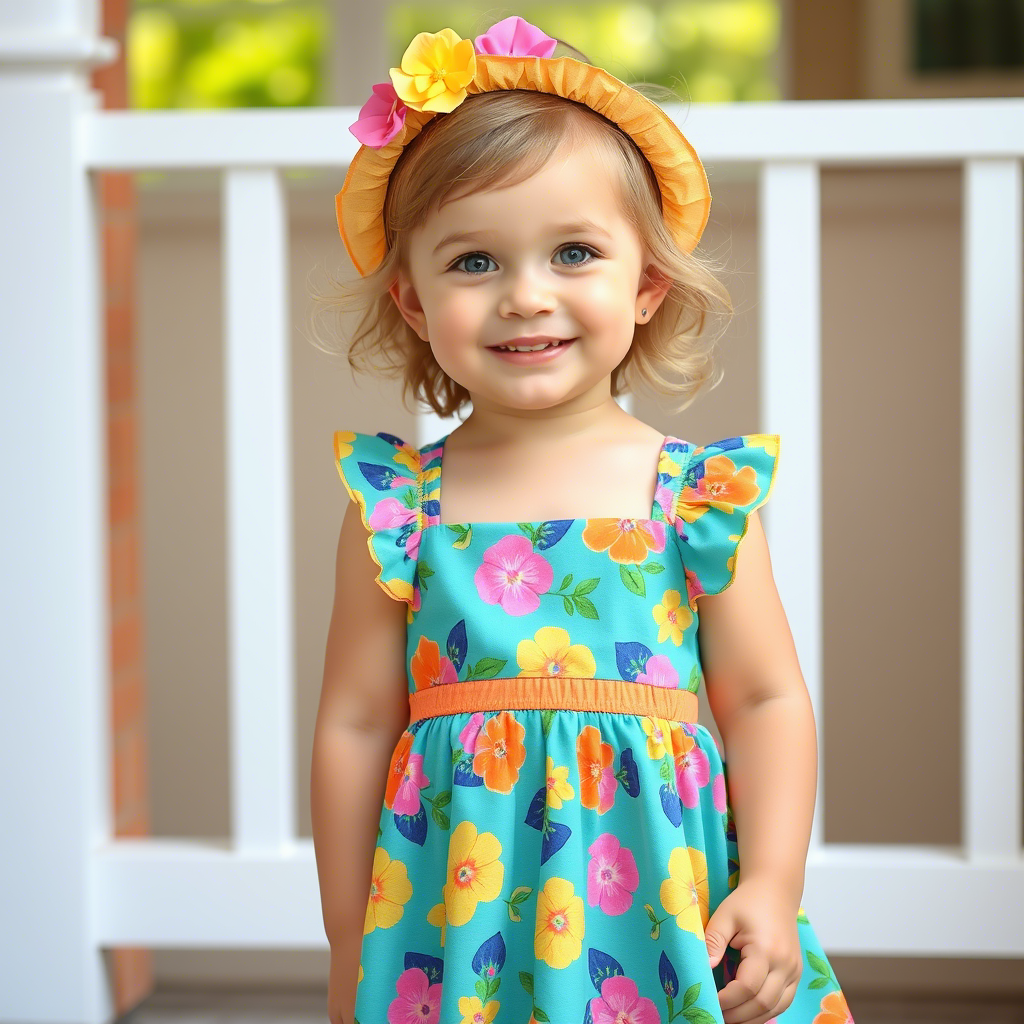 Cute toddler girl wearing colorful summer dress made in USA