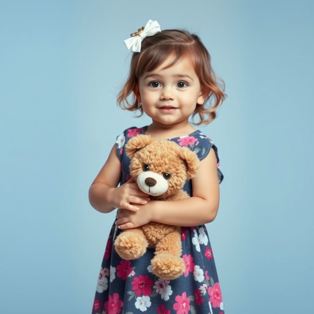 Cute toddler girl wearing floral dress and holding a teddy bear