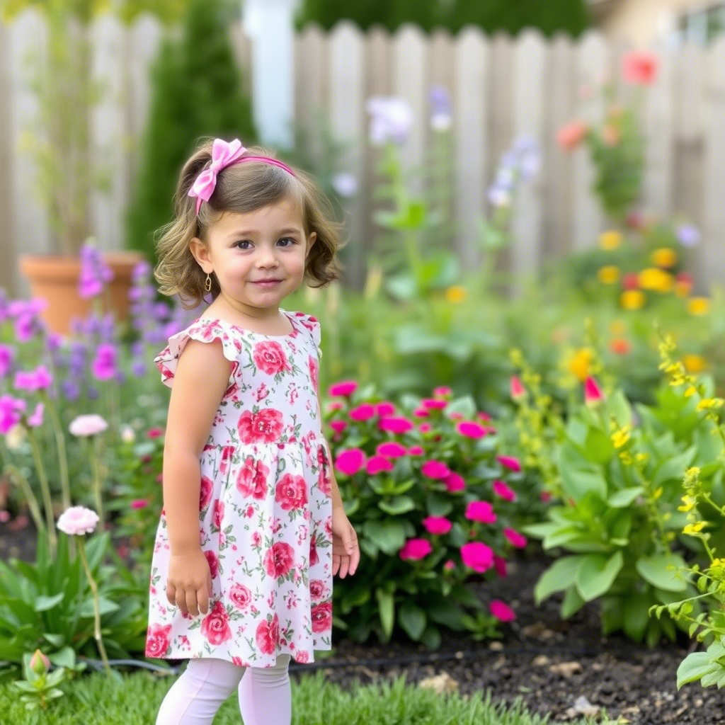 Cute toddler girl wearing floral dress and leggings in garden