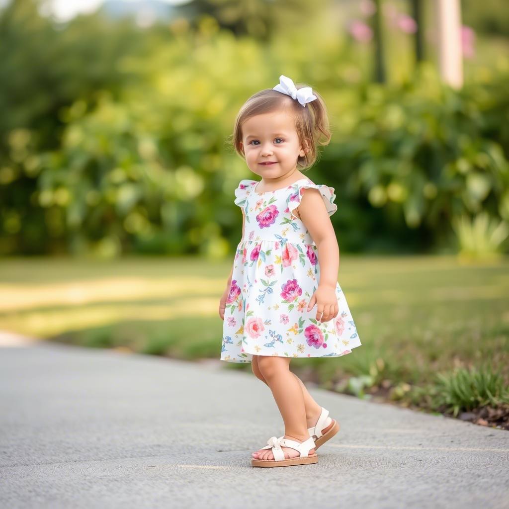 Cute toddler girl wearing floral dress and sandals outdoors