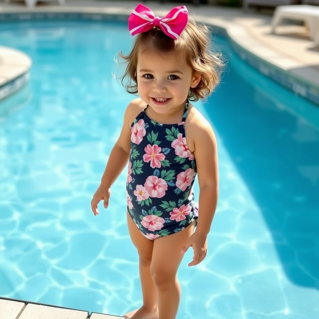 Cute toddler girl wearing floral print swimsuit by pool