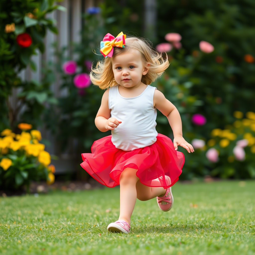 Cute toddler girl with a colorful hair bow and a frilly skirt running in a garden