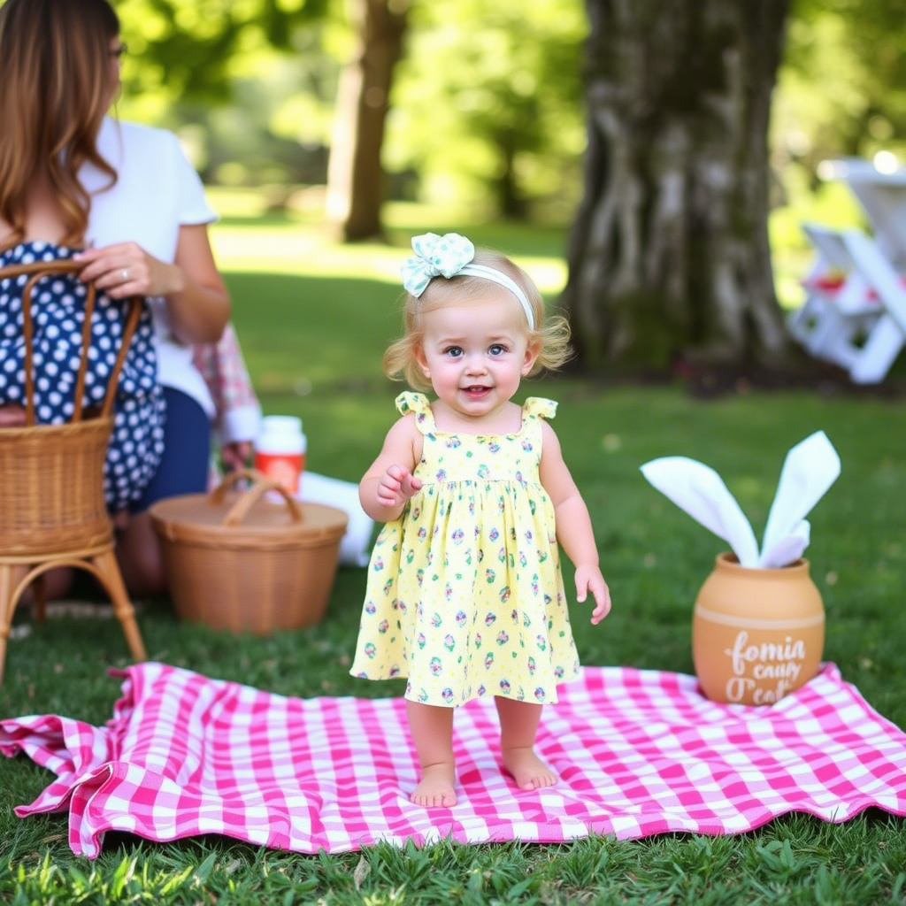 Cute toddler in a casual sundress for a family picnic