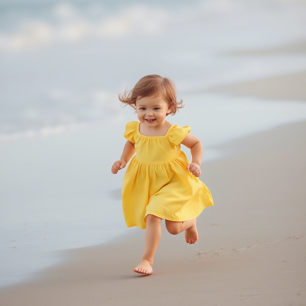 Cute toddler in a yellow dress running on the beach
