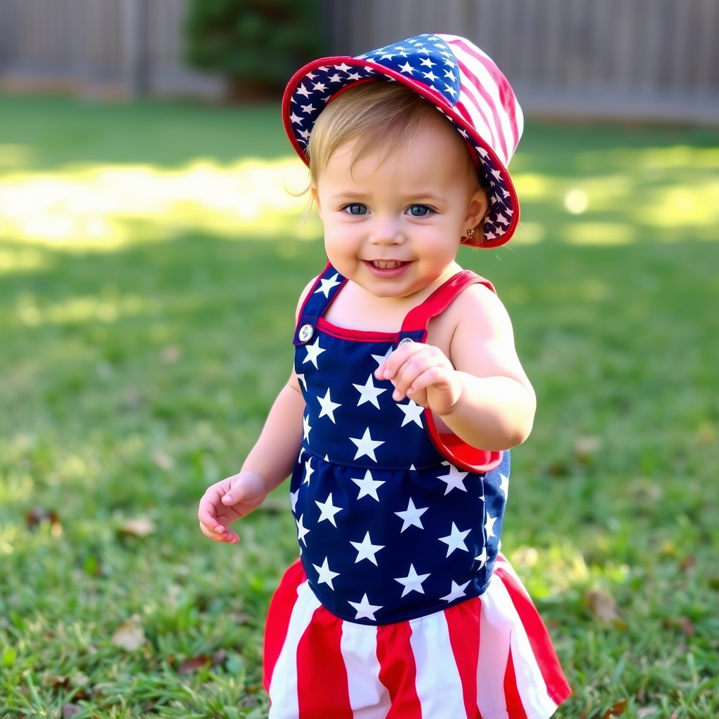 Cute toddler in American flag outfit playing outside