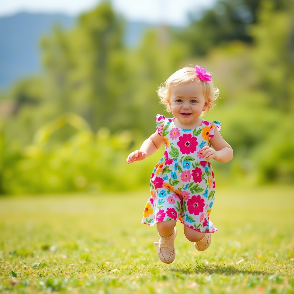 Cute toddler in colorful floral dress running outdoors
