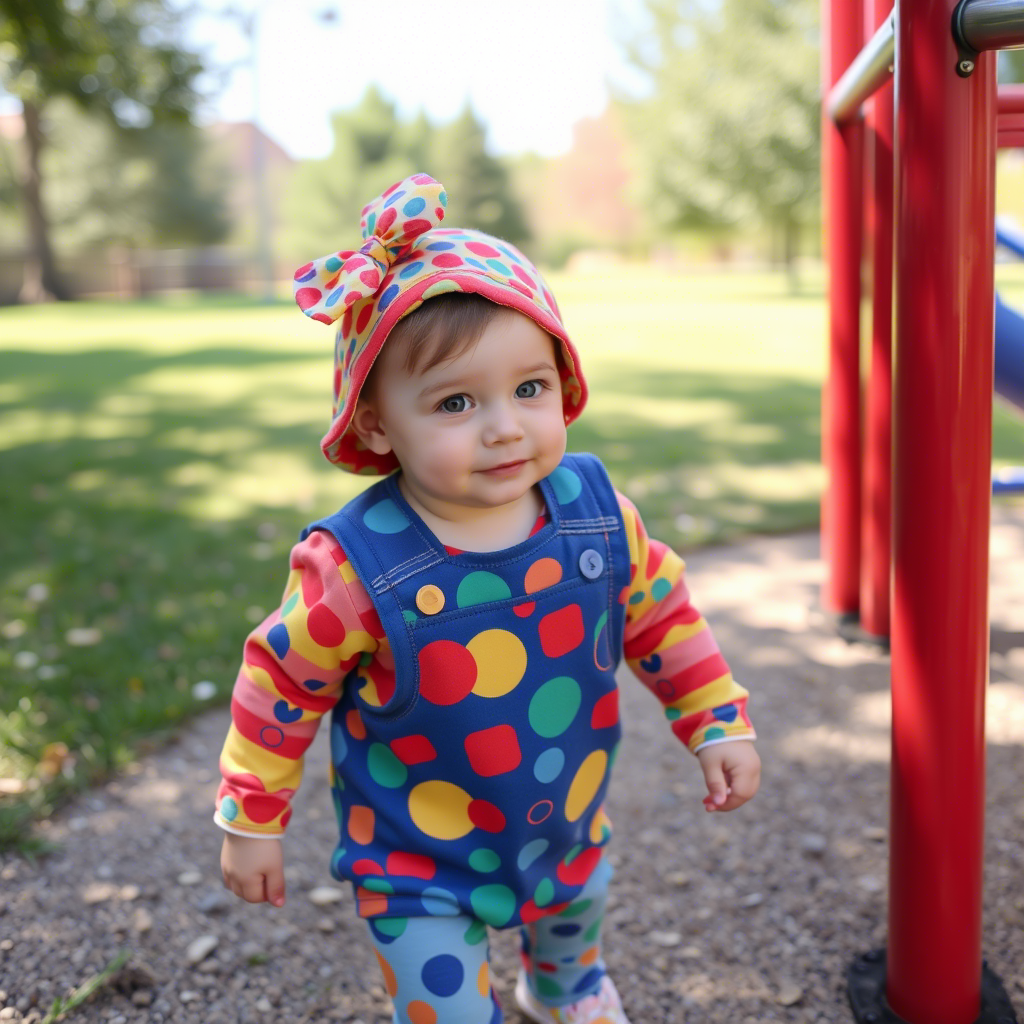 Cute toddler in colorful outfit playing outside in a USA park