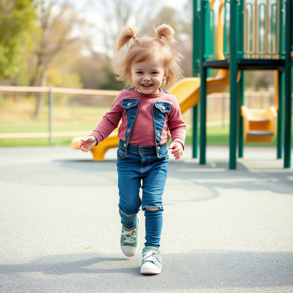Cute toddler in comfortable jeans and leggings having fun at playground