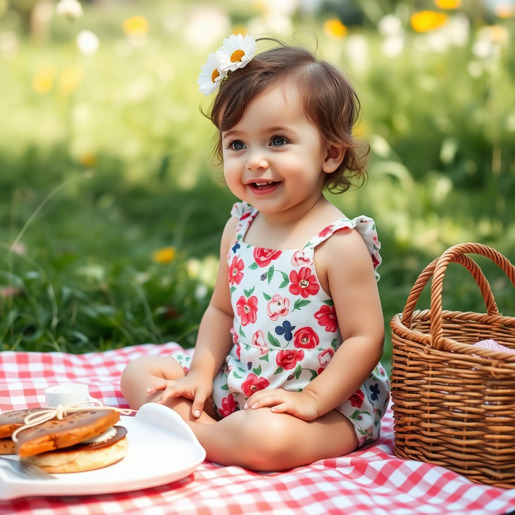 Cute toddler in floral jumpsuit enjoying a picnic