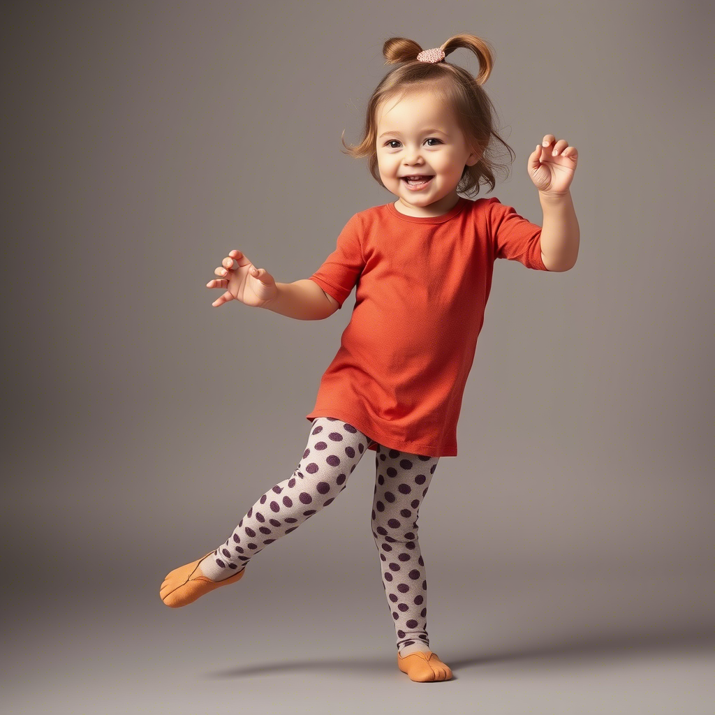 Cute toddler in patterned tights and dancing happily