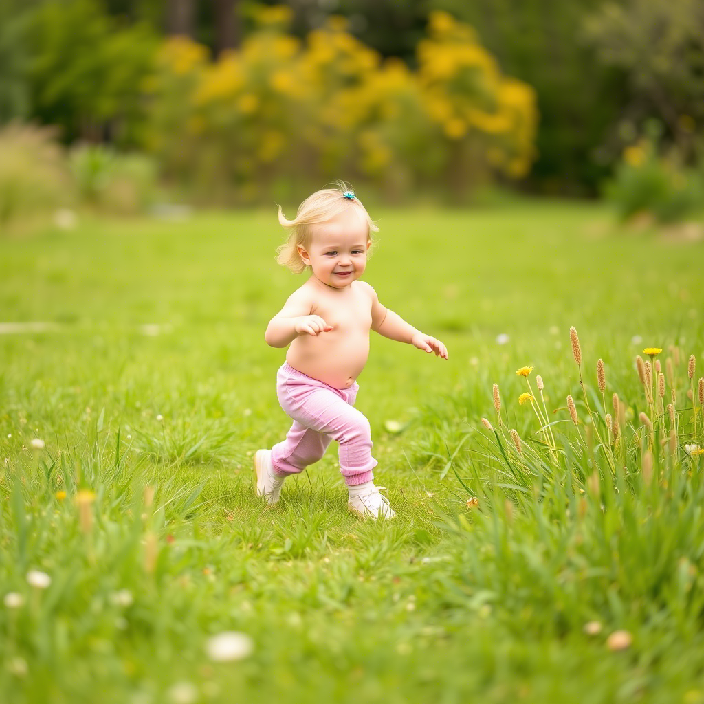 Cute toddler in pink pants running in a green meadow freely