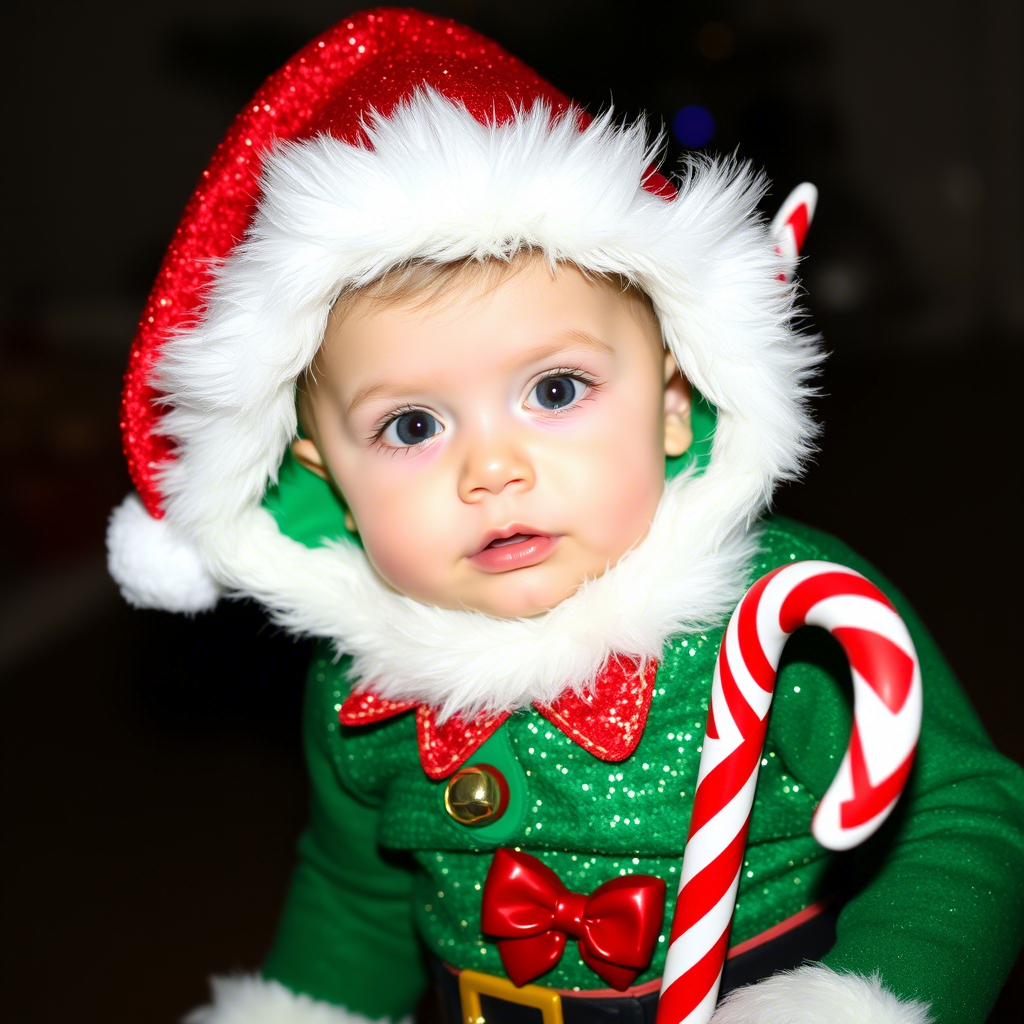 Cute toddler in sparkly elf costume with jingle bells and candy cane