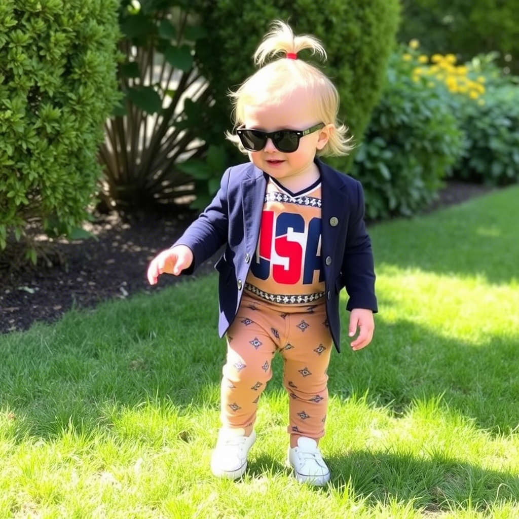 Cute toddler in stylish USA-made outfit playing outside