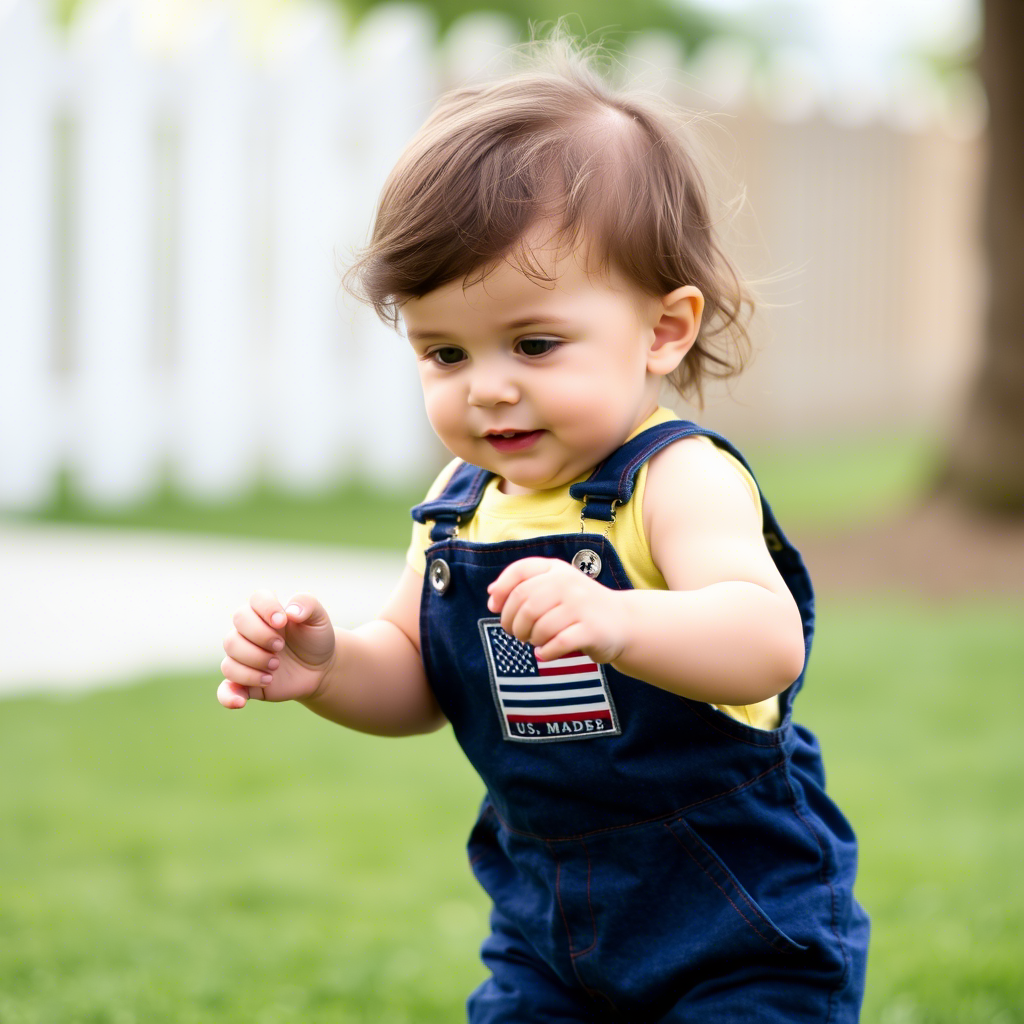Cute toddler in USA-made overalls playing outside